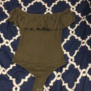 Olive green off the shoulder body suit, never worn